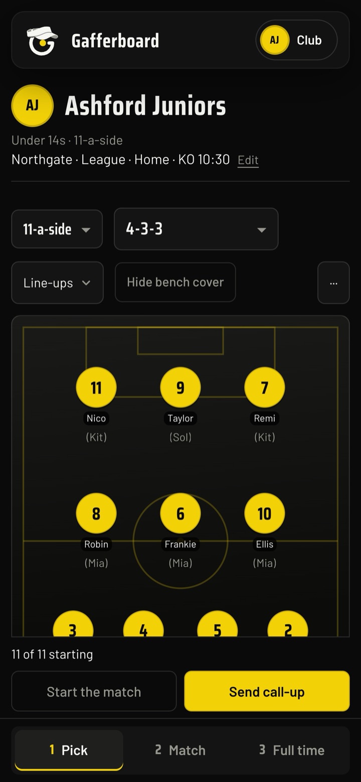 Gafferboard on a phone, picking a 4-3-3 line-up on the pitch