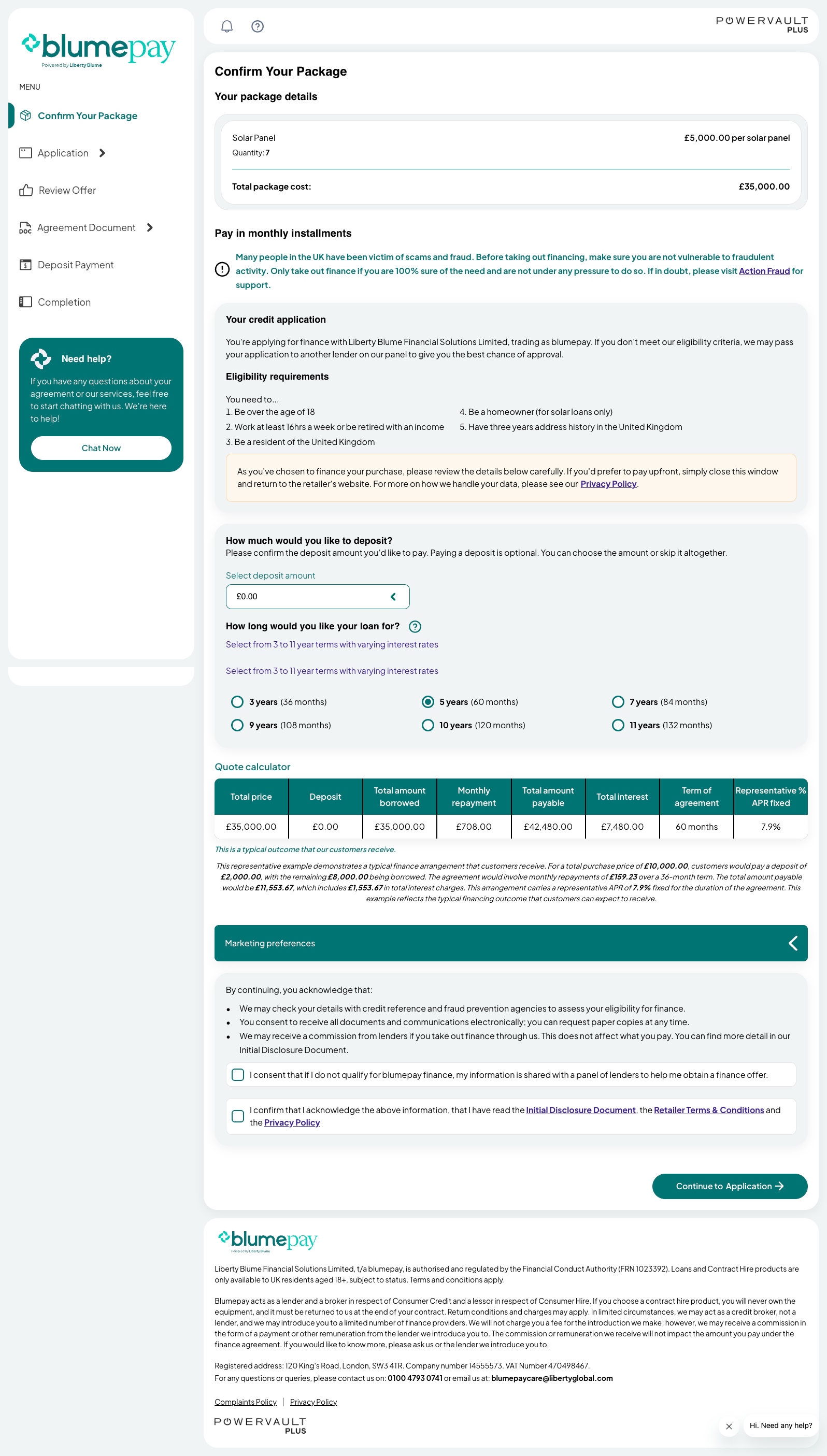 Liberty Blume regulated lending journey, confirm your package step